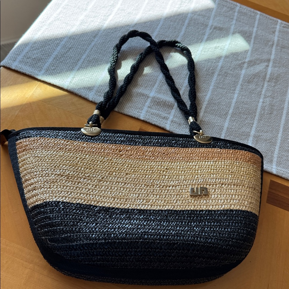 Piergiorgio Italy Straw Tote Black & Tan Woven Shoulder Bag Rope Handles